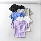 Short-sleeve V-neck Button-up Cropped T-shirt