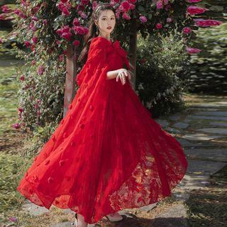 Spaghetti-strap Maxi A-line Dress / Hooded Maxi Cape / Set