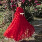 Spaghetti-strap Maxi A-line Dress / Hooded Maxi Cape / Set