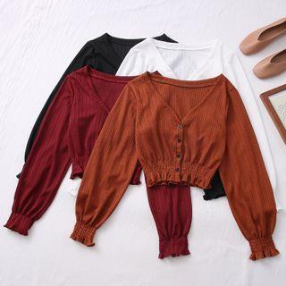 Smocked-waist Button-down Crop T-shirt