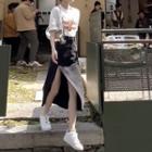 Denim Midi Skirt / Short-sleeve Lettering T-shirt