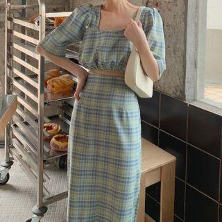 Short-sleeve Plaid Cropped Blouse / Midi A-line Skirt / Plaid Scrunchie / Set