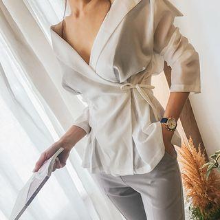 Notched-collar Surplice-wrap Blouse