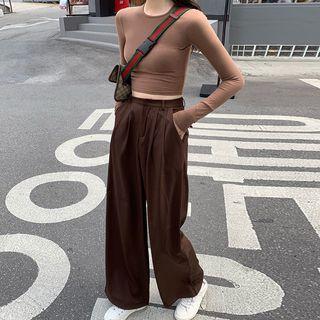 Long Sleeve Plain T-shirt / High Waist Wide Leg Pants