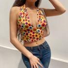 Halter Neck Floral Print V-neck Cropped Tank Top