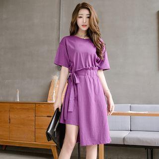 Tie-waist Elbow-sleeve Asymmetric A-line Dress