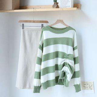 Drawstring Striped Sweater / A-line Midi Knit Skirt