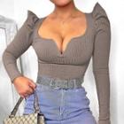 Plain V-neck Long-sleeve Knit Crop Top