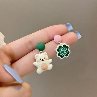 Bear Clover Glaze Asymmetrical Alloy Dangle Earring