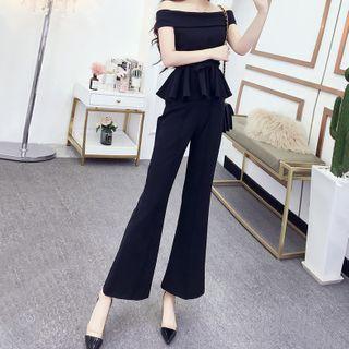 Set: Off-shoulder Ruffle-hem Top + Boot-cut Pants