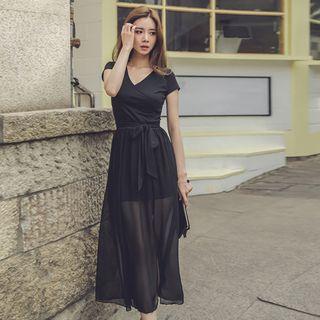 Short Sleeve Chiffon Overlay Midi Dress