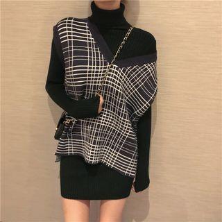 Plaid V-neck Sweater Vest / Turtleneck Mini Knit Dress