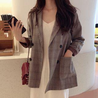 Double Breasted Plaid Blazer / Spaghetti Strap Midi Knit Dress