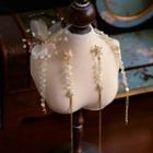 Set: Wedding Faux Crystal Mesh Flower Headpiece + Dangle Earring Gold - One Size