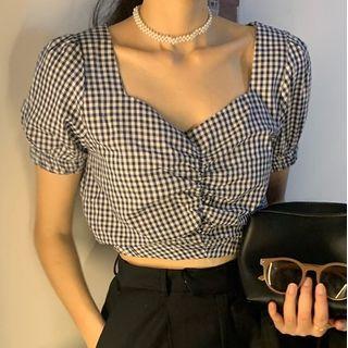 Square Neck Short-sleeve Plaid Top