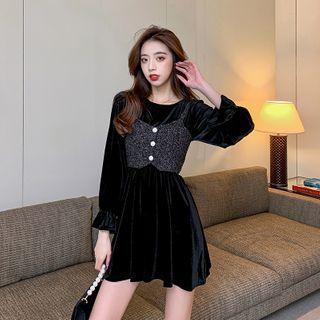 Set: Long-sleeve Mini A-line Velvet Dress + Knit Camisole Top
