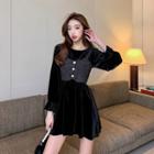 Set: Long-sleeve Mini A-line Velvet Dress + Knit Camisole Top