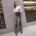 Star Embroidered Metal Fringe Ripped Boot-cut Jeans