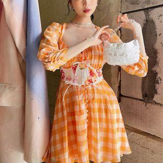 Set: Long-sleeve Gingham Mini Dress + Corset Belt