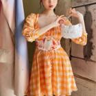 Set: Long-sleeve Gingham Mini Dress + Corset Belt