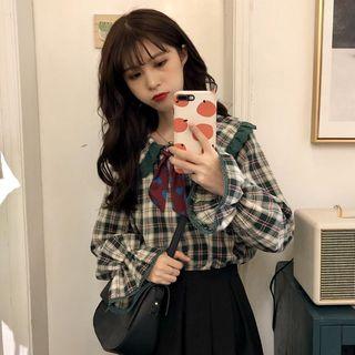 Long-sleeve Plaid Shirt With Ribbon - Dark Green - One Size