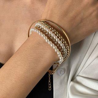 Faux Pearl Layered Bracelet 01kc-9883 - Gold - One Size