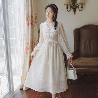 V-neck Plain Lace Drawstring Dotted A-line Dress