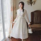 V-neck Plain Lace Drawstring Dotted A-line Dress