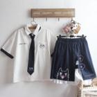 Short-sleeve Tie-neck Blouse / Mini A-line Skirt / Set