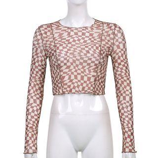 Long-sleeve Checkered Mesh Top