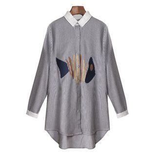 Fish Pattern Pinstriped Long Shirt