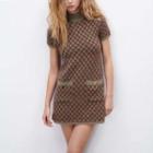 Short-sleeve Mock-neck Patterned Knit Mini Dress