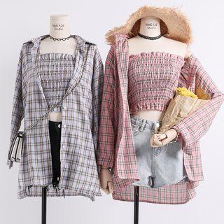Set: Loose-fit Plaid Long Shirt + Tube Top