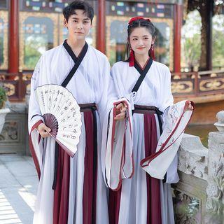 Couple Matching Embroidered Hanfu Blouse / High-waist Maxi A-line Skirt / Set