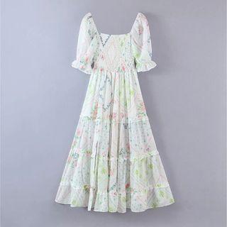 Elbow Sleeve Floral Tiered Maxi Dress