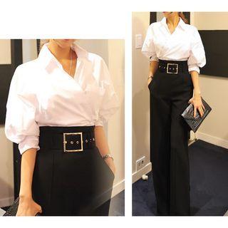 Puff-sleeve Wrap Blouse / High Waist Dress Pants