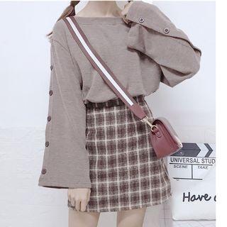 Buttoned Flared-sleeve T-shirt / Plaid High-waist Mini A-line Skirt