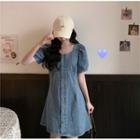 Square Collar Puff-sleeved Denim Dress