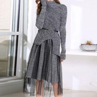 Set: Irregular Hem Sweater + Plaid Midi A-line Skirt