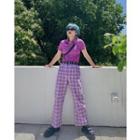 Plaid High-waist Straight-cut Pants Plaid - Pink & Purple - One Size