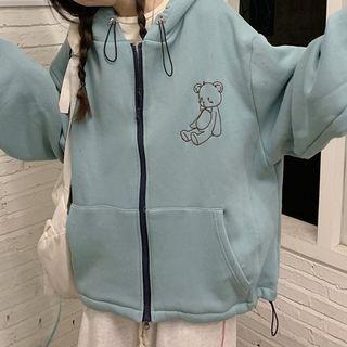 Long-sleeve Bear Embroidered Zip-up Hoodie