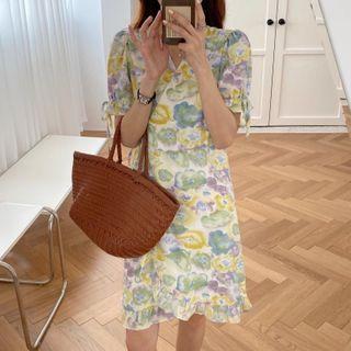 Short-sleeve Floral Print Chiffon Dress Purple - One Size