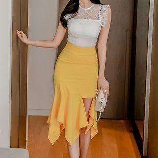 Set: Lace Panel Sleeveless Top + Ruffle Hem Mini Pencil Skirt