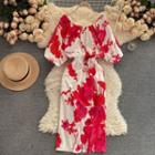 Short-sleeve Floral Midi Sheath Dress Red - One Size