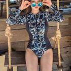 Long-sleeve Leaf Print Swimsuit