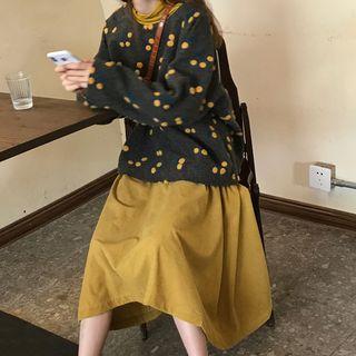 Dot Print Woolen Cardigan / Plain A-line Skirt