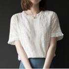 Short-sleeve Frill Trim Pleated Front Lace Blouse