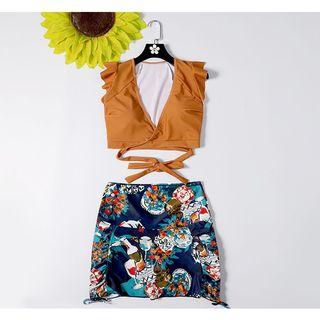 Set: Ruffle Trim Cutout Tankini Top + Printed Drawstring Swim Skirt