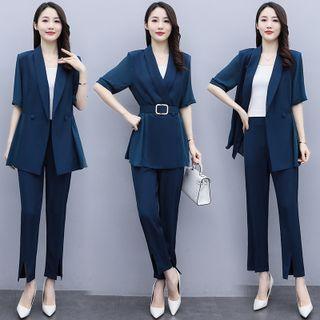 Set: Elbow-sleeve Double-breasted Blazer + Slit-hem Boot-cut Dress Pants + Belt