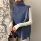 Irregular Hem Long-sleeve Midi Knit Dress / Turtleneck Oversize Knit Vest